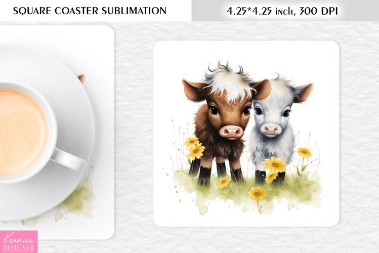 Watercolor Baby Cows|Yellow Spring Flower Square Coaster