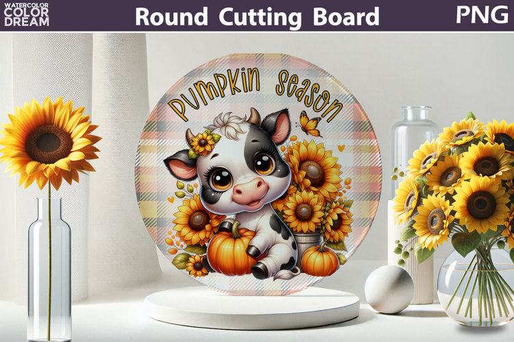Fall Cow Glass Kitchen Cutting Board | Pumpkin Season Round