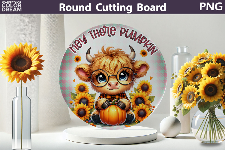 Fall Highland Cow Cutting Board | Hey There Pumpkin Round