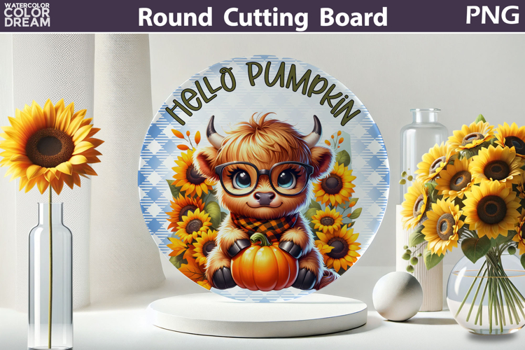 Fall Highland Cow Cutting Board | Hello Pumpkin Round