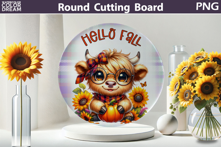 Fall Highland Cow Cutting Board | Hello Fall Round