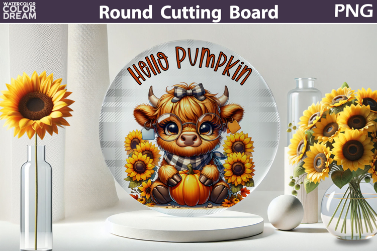 Fall Highland Cow Cutting Board | Hello Pumpkin Round