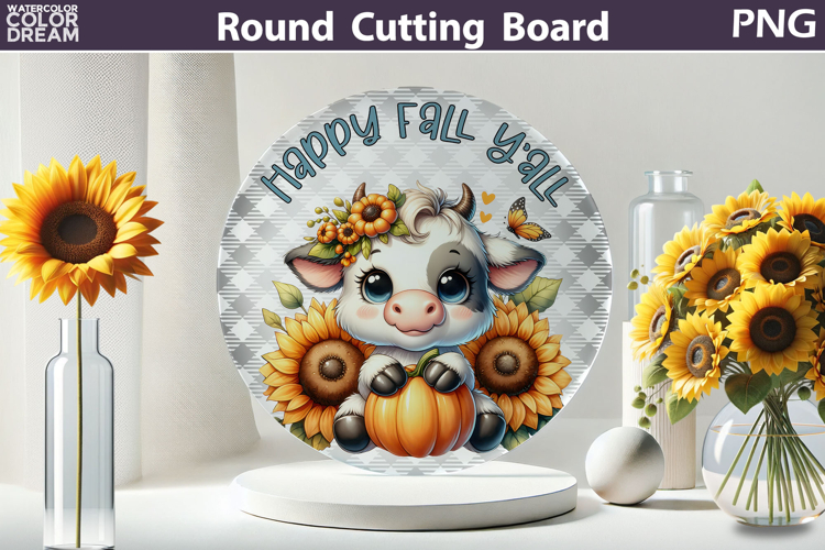Fall Cow Kitchen Cutting Board | Happy Fall Yall Round