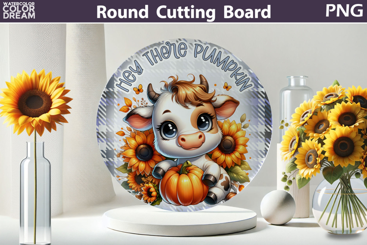 Fall Cow Kitchen Cutting Board | Hey There Pumpkin Round