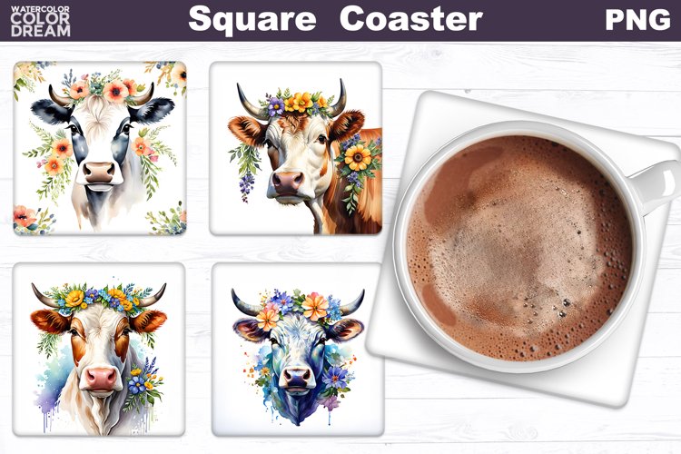 Cow Flowers Square Coaster | Farm Animal Square Coaster