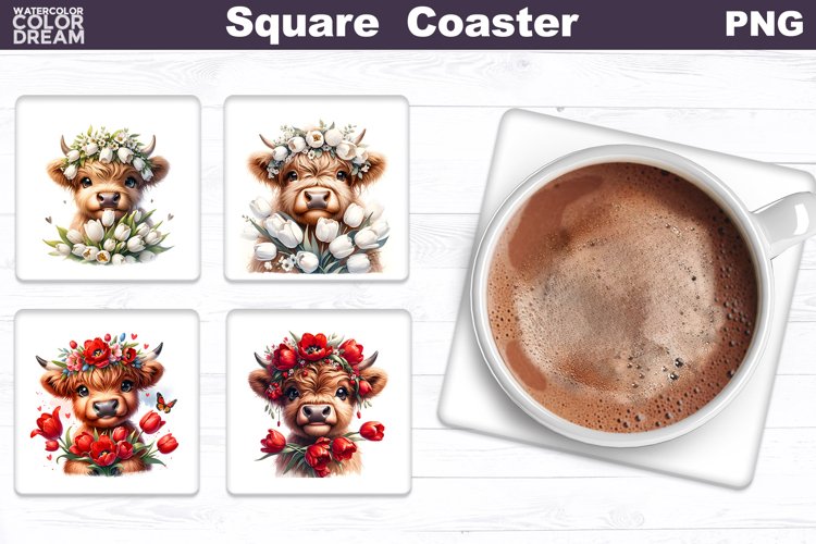 Highland Cow Tulip Square Coaster | Cute Cow Coaster