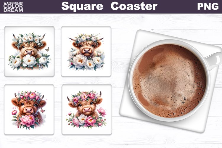 Highland Cow Peonies Square Coaster | Cute Cow Coaster
