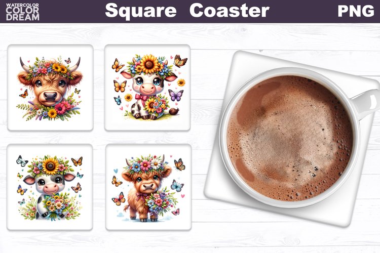 Highland Cow Wildflowers Square Coaster | Cute Cow Coaster
