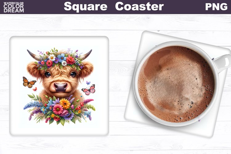 Highland Cow Wildflowers Square Coaster | Cute Cow Coaster