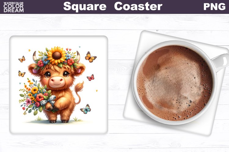 Highland Cow Wildflowers Square Coaster | Cute Cow Coaster