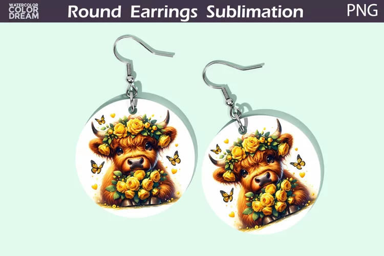 Highland Cow Round Earrings | Cow Flowers Earrings