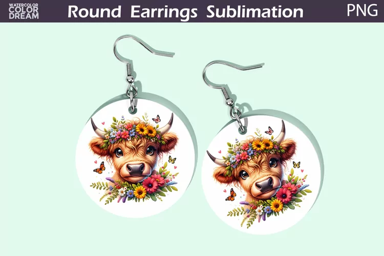Highland Cow Round Earrings | Cow Wildflowers Earrings