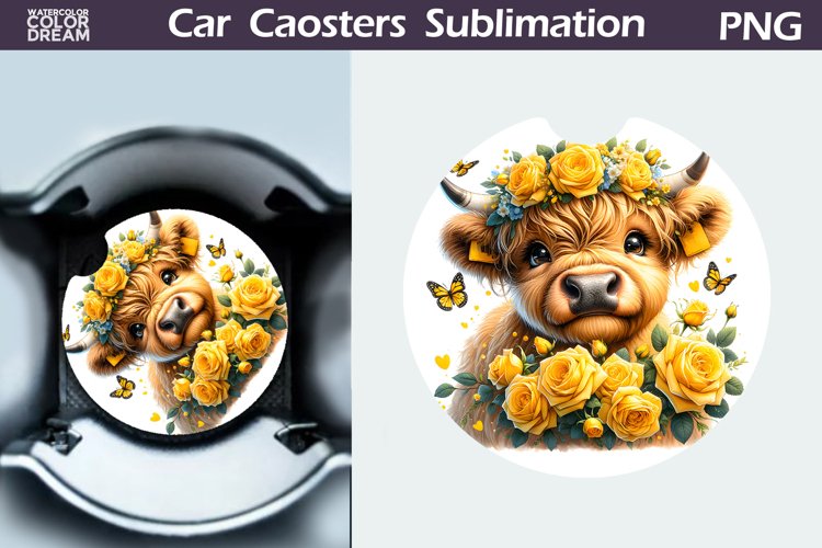 Highland Cow Roses Car Coaster | Cow Flowers Coaster example image 1