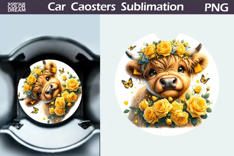 Highland Cow Roses Car Coaster | Cow Flowers Coaster