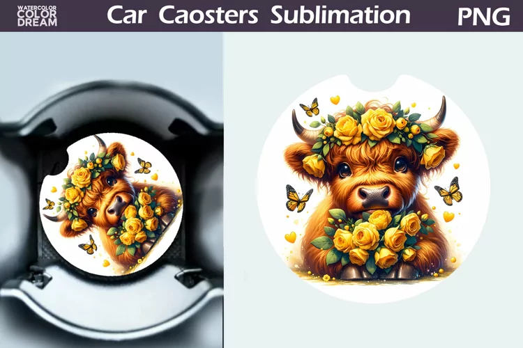 Highland Cow Roses Car Coaster | Cow Flowers Coaster