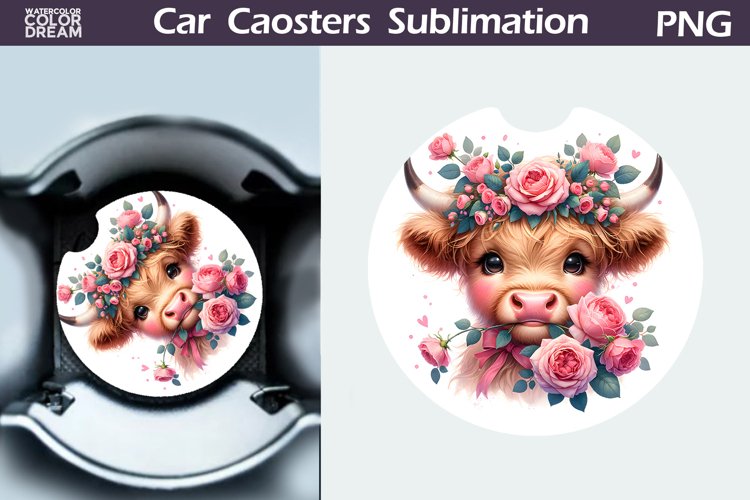Highland Cow Roses Car Coaster | Cow Flowers Coaster