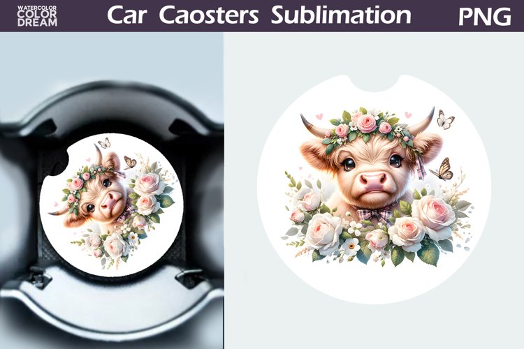 Highland Cow Roses Car Coaster | Cow Flowers Coaster