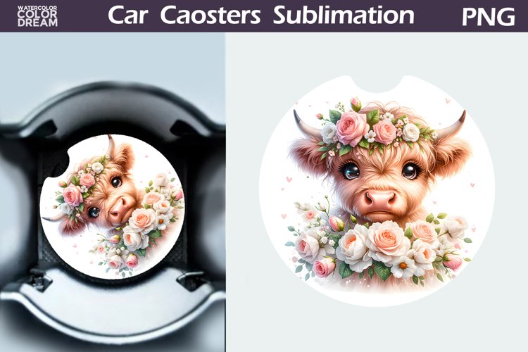 Highland Cow Roses Car Coaster | Cow Flowers Coaster