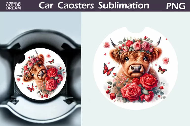 Highland Cow Roses Car Coaster | Cow Flowers Coaster
