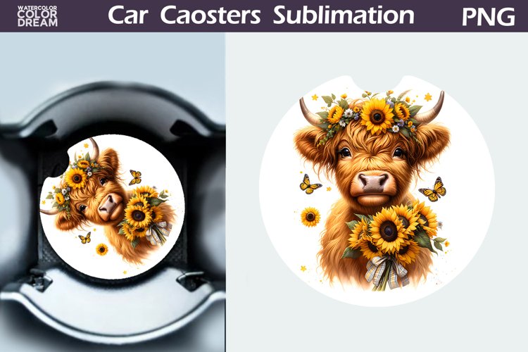 Highland Cow Sunflowers Car Coaster | Cow Flowers Coaster