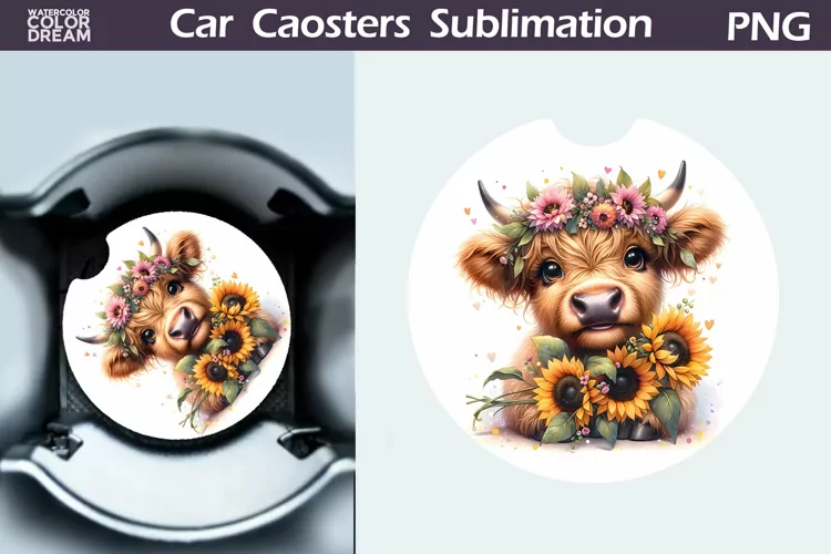 Highland Cow Sunflowers Car Coaster | Cow Flowers Coaster