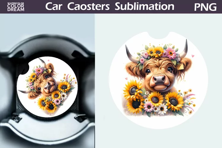 Highland Cow Sunflowers Car Coaster | Cow Flowers Coaster