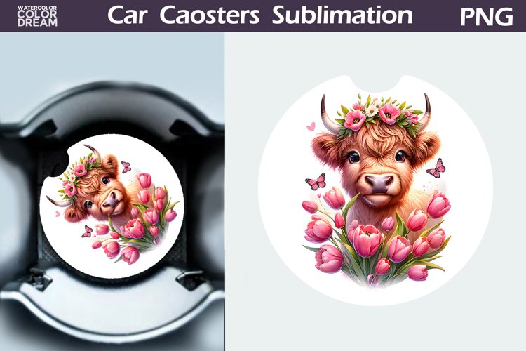 Highland Cow Tulip Car Coaster | Cow Flowers Coaster