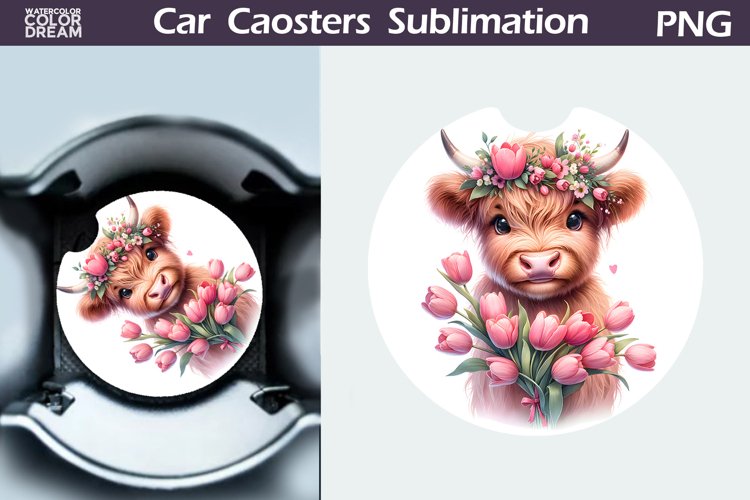 Highland Cow Tulip Car Coaster | Cow Flowers Coaster