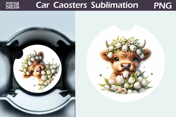 Highland Cow Tulip Car Coaster | Cow Flowers Coaster