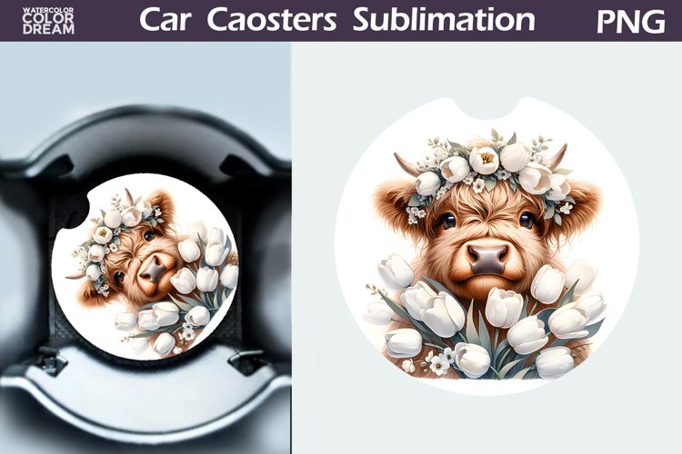 Highland Cow Tulip Car Coaster | Cow Flowers Coaster example image 1