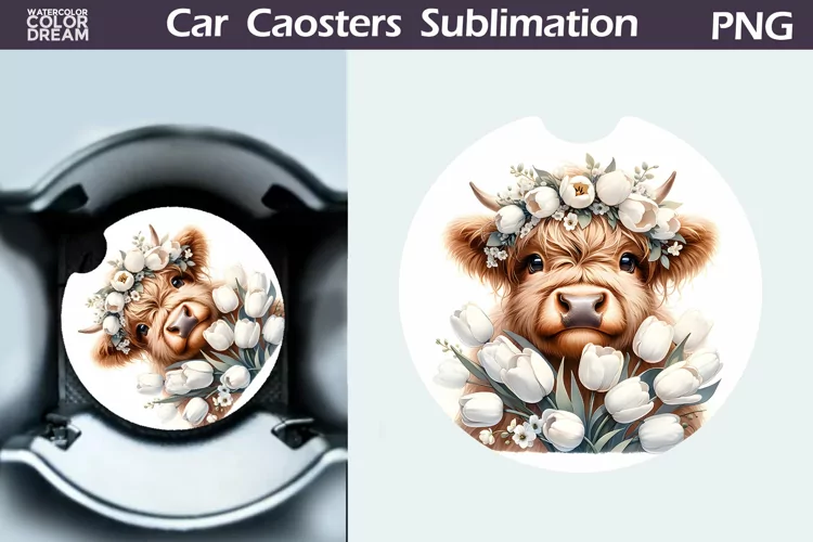 Highland Cow Tulip Car Coaster | Cow Flowers Coaster