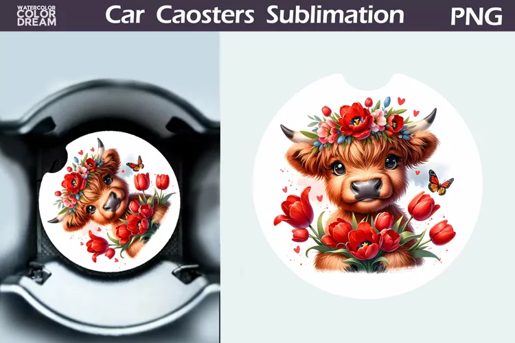 Highland Cow Tulip Car Coaster | Cow Flowers Coaster