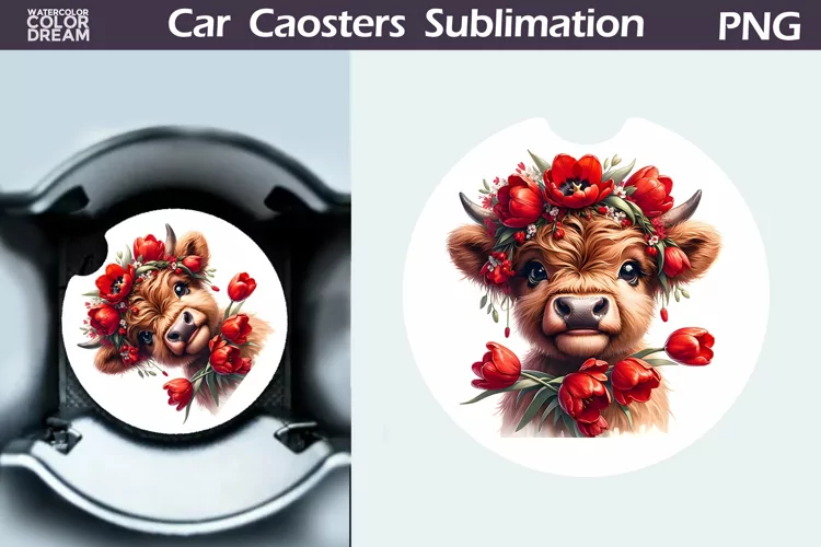 Highland Cow Tulip Car Coaster | Cow Flowers Coaster