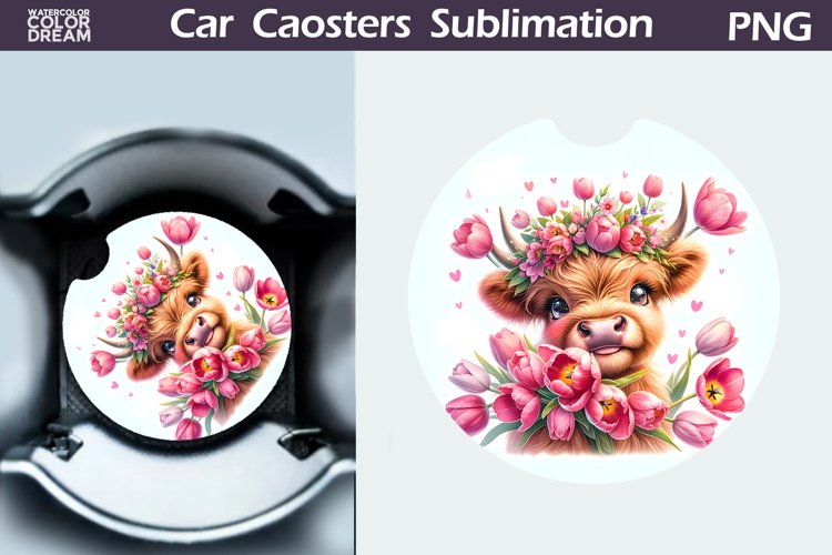 Highland Cow Tulip Car Coaster | Cow Flowers Coaster