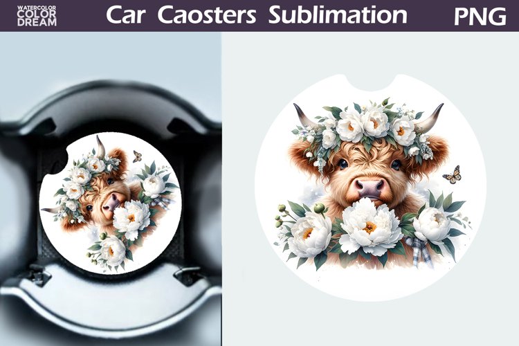 Highland Cow Peonies Car Coaster | Cow Flowers Coaster