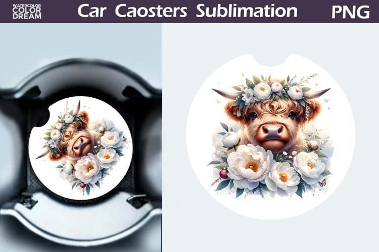 Highland Cow Peonies Car Coaster | Cow Flowers Coaster