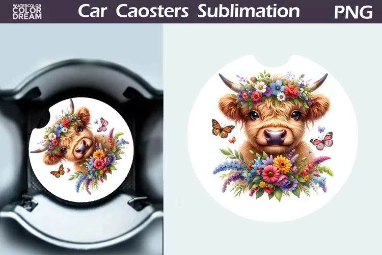 Highland Cow Wildflowers Car Coaster | Cow Flowers Coaster