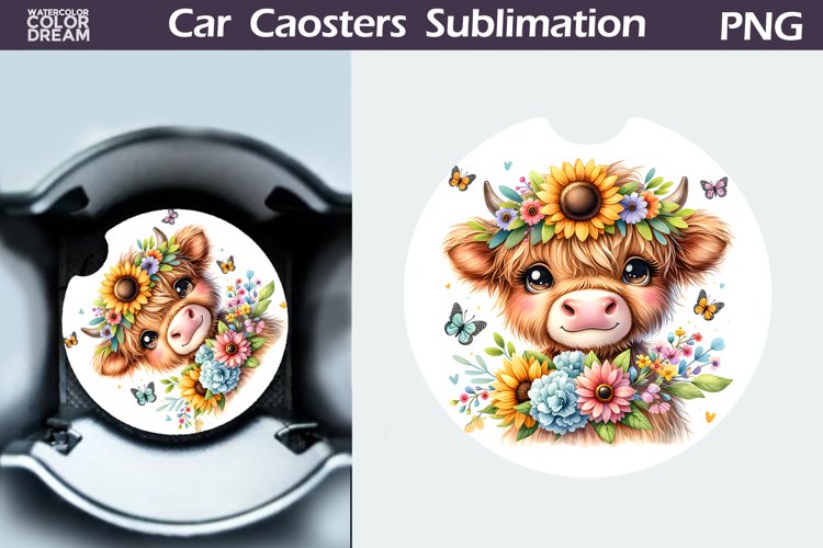 Highland Cow Sunflowers Car Coaster | Cow Flowers Coaster