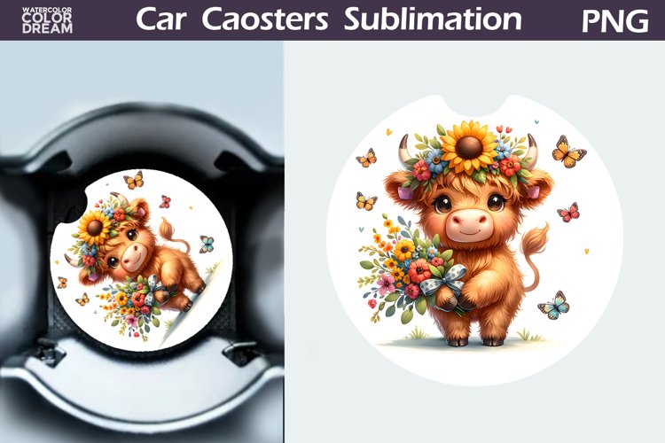 Highland Cow Sunflower Car Coaster | Cow Wildflowers Coaster