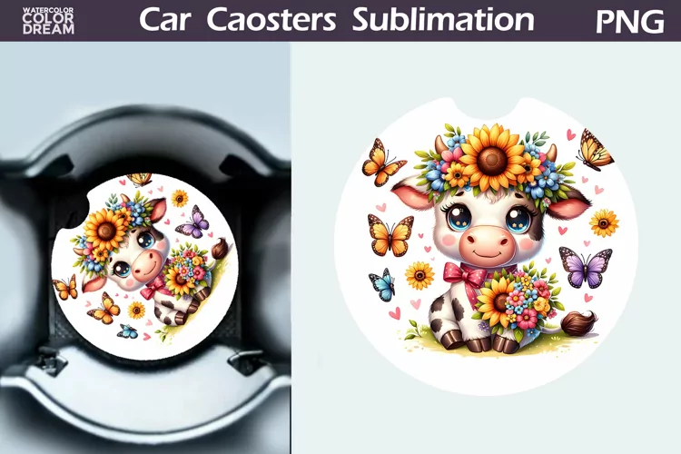 Highland Cow Sunflower Car Coaster | Cow Wildflowers Coaster