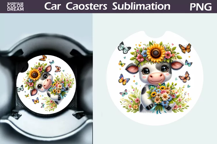 Highland Cow Sunflower Car Coaster | Cow Wildflowers Coaster
