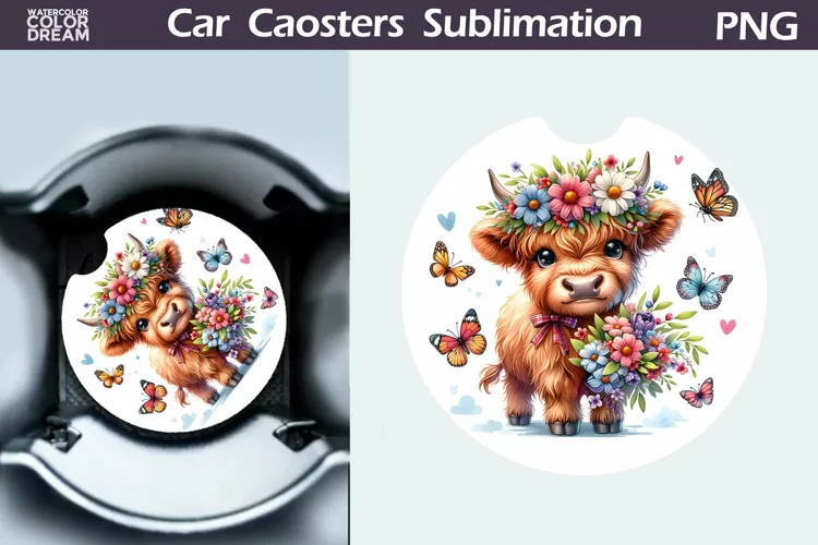 Highland Cow Wildflowers Car Coaster | Cow Flowers Coaster