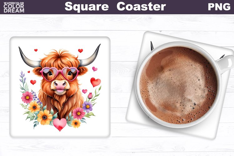Highland Cow Square Coaster | Cow Valentine Coaster