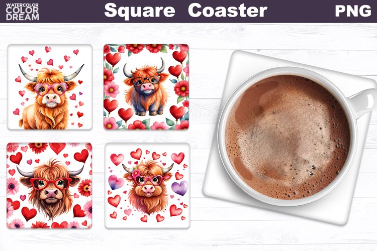 Highland Cow Valentine Square Coaster | Cute Cow Coaster