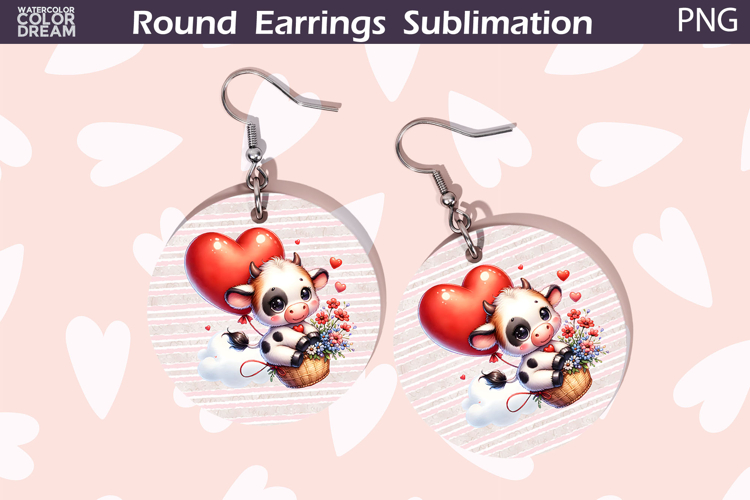 Cow Heart Round Earrings | Valentine Earrings Sublimation