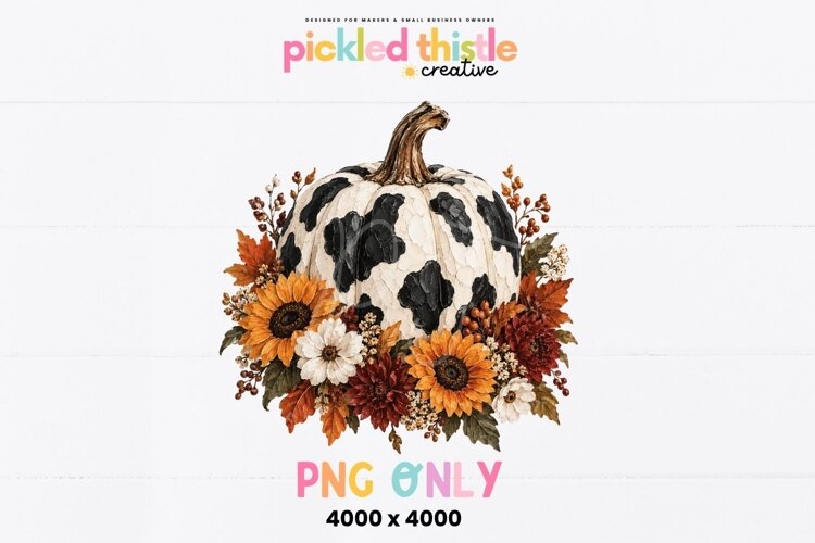 Floral pumpkin PNG combining a bold cowhide pattern with warm autumn botanicals in orange, rust, cream, burgundy and earthy green, finished with visible painterly texture.