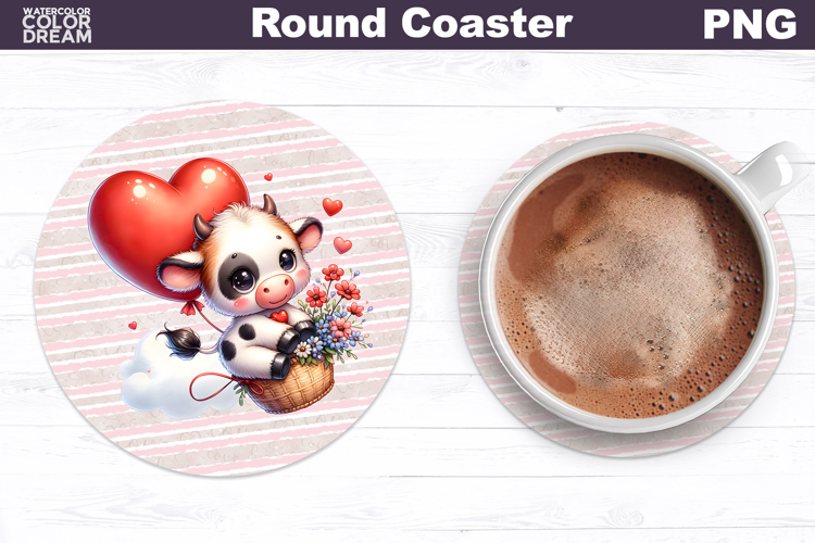 Cow Valentine Round Coaster | ute Cow Balloon Coaster