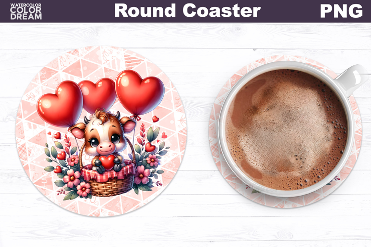 Cow Valentine Round Coaster | ute Cow Balloon Coaster