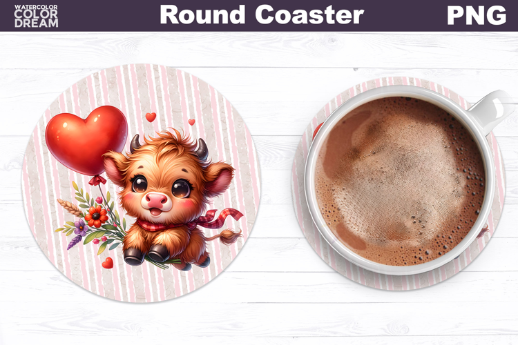 Cow Valentine Round Coaster | Cute Cow Balloon Coaster