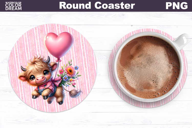 Cow Valentine Round Coaster | Cute Cow Balloon Coaster